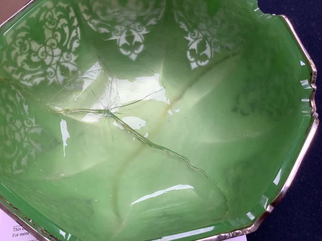 A George VI silver and green glass dessert set by Mappin & Webb (a.f.)